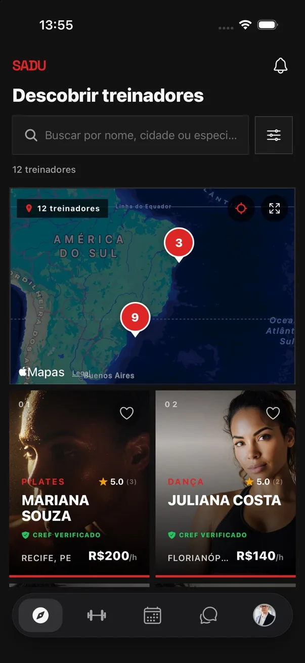 Ache quem treina perto — tela do app da Sadu