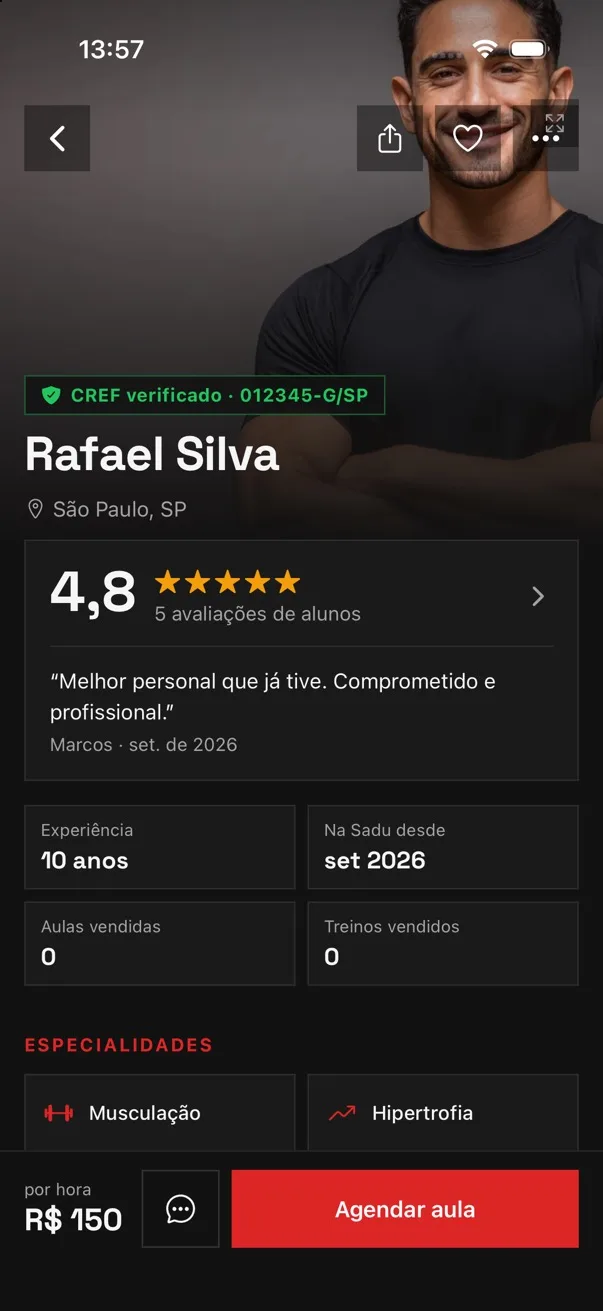 Perfil com CREF na cara — tela do app da Sadu