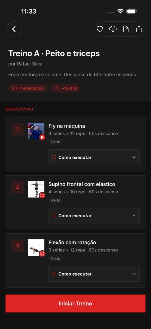 O treino montado pra você — tela do app da Sadu
